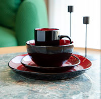 Service de table en céramique rouge et noir de 16 pièces, 4 assiettes et bols en porcelaine résistante aux hautes températures, écologiques, sans BPA, compatibles micro-ondes