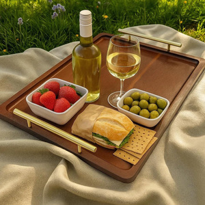 Acacia Wood <b>Tray</b> Brown With Handle Lacquered Finish Serving <b>Tray</b> For Bathroom <b>Storage</b> - Product Image 2