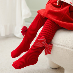 Baby <strong>Girl's</strong> Tight Pantyhose New Year <strong>Christmas</strong> Red Ribbed Bow Style <strong>Girls</strong> Cotton <strong>Tights</strong> - Product Image 4