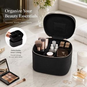 Luxury PU Leather <b>Makeup</b> Train <b>Case</b> Custom Logo Travel Cosmetic Organizer Bag with Removable Divider and Metal Zipper - Product Image 5