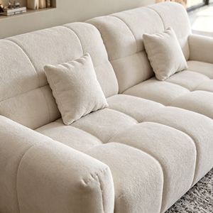 Canapé deux places minimaliste en bouclette avec dossier capitonné, accoudoirs incurvés, forme semi-circulaire, rembourrage en mousse, mobilier de salon - Product Image 6