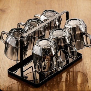 Colgador de tazas de vidrio con bandeja, escurridor de doble capa, forma cuadrada, almacenamiento invertido para tazas de té de sala de estar, tamaño L, tapa metálica - Product Image 5