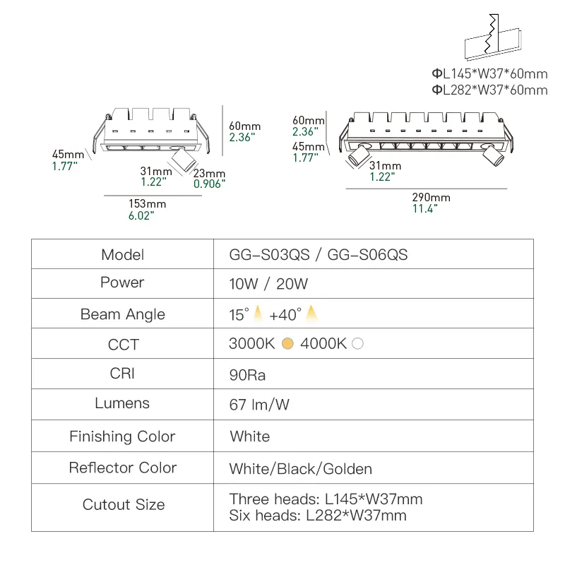 XRZLux זרקור זרקור LED ליניארי למטה 10W 20W מנורת LED מרובת ראשים שקוע זרקור תקרה זווית מתכווננת