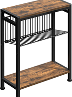 Table d'appoint étroite à 3 niveaux pour petits espaces, porte-revues, table de chevet, table de canapé pour collations (marron rustique noir) avec structure métallique et plateau en bois