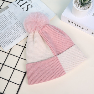 Mode femmes filles mode <span class=keywords><strong>deux</strong></span> tons couleur épais chaud tricoté chapeau hiver polaire intérieur Pom Pom bonnets - Product Image 3
