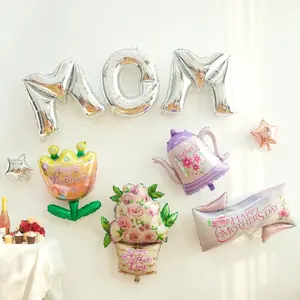 El más nuevo diseño OEM Día DE LA MADRE Globos de papel de aluminio Maceta Banner Forma de tetera Feliz Día DE LA MADRE Imprimir Globos morados para mamá