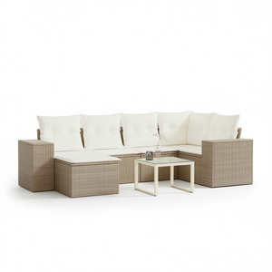 Ensemble de canapés de jardin en rotin beige, structure en acier, verre trempé, mobilier d'extérieur, design contemporain, 6 places, résistant aux intempéries - Product Image 1