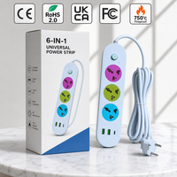Multiprise industrielle universelle 10A avec port USB-C, 6 prises multicolores, barre d'alimentation domestique, 2 ports USB et 1 chargeur rapide Type-C