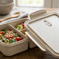 Boîte à lunch bento en paille de blé, plastique PP, 4 compartiments, anti-fuite, portable, pour l'école et le bureau