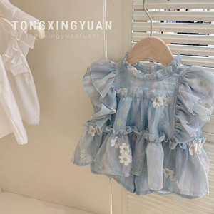 Tongxingyuan Girls' Summer Outfit Set Cotton Lace Floral <b>Top</b> Shorts Two Piece Thin Fabric Kids Clothing - Product Image 1