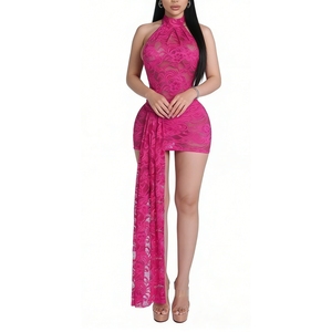 Abito Mini Bodycon da Donna con Scollo all'Americana in Pizzo, Schiena Scoperta e Pannello Drappeggiato - Abiti da Festa Sehe Fashion - Product Image 1