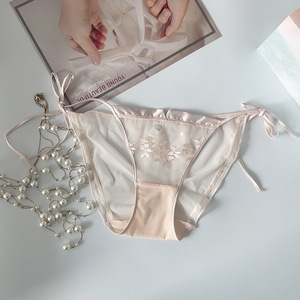Braguitas de malla rosa bordadas para mujer al por mayor, diseño con lazo lateral, transparentes, de tiro medio, cómodas, ropa interior femenina - Product Image 1