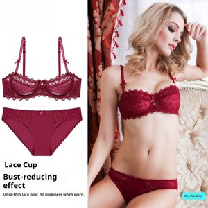 Conjunto de lencería sexy de encaje rojo de <span class=keywords><strong>Amazon</strong></span>, que realza los senos grandes para que parezcan más pequeños, estilo delgado, palabras clave transfronterizas. - Product Image 2