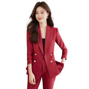 Women's Red Double-Breasted Suit Set Full Sleeve Notched Collar Elegant Office Wear - Product Image 5