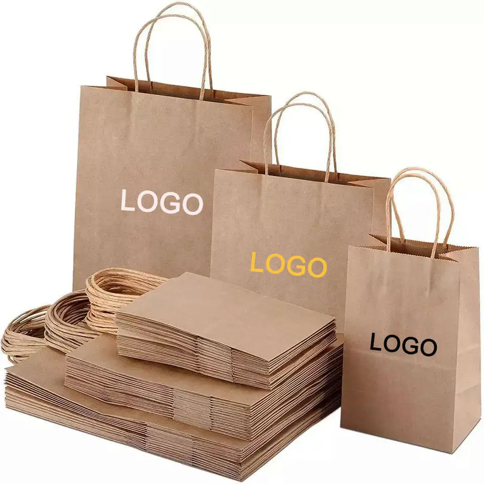 Sacs en papier Kraft blanc brun avec votre propre Logo, sac à provisions en papier avec Logo, sacs en papier Kraft personnalisés avec poignées