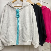 Hoodie streetwear pria model boxy longgar, bahan French Terry tebal dengan ritsleting besar, warna kontras, desain OEM ODM custom, polos, kasual high street.