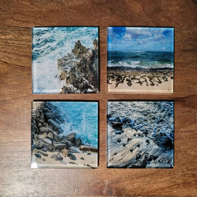 Square Beach Art Acrylic Coasters Coffee Mug Mat Abstract Printed Pmma Drinking Coaster To Decorate Counter-Top Coffee Table