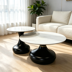 Ensemble de tables basses rondes modernes, plateau en marbre, base en métal noir, meubles contemporains pour salon - Product Image 3