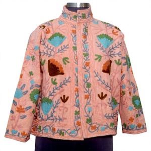 High Quality Handmade Women's Winter <b>Quilted</b> <b>Jacket</b> with Suzani Embroidery Knitted Woven Cotton Fabric Short Robe Style - Product Image 1