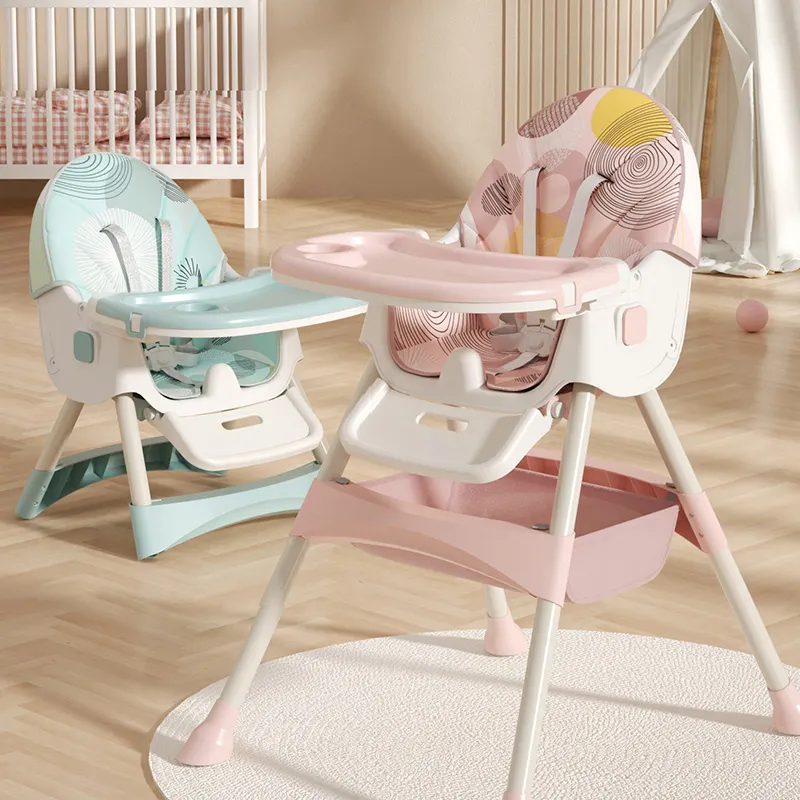Grosir kayu multifungsi makan bayi dorong kursi tinggi Modern biru Willsee dengan roda peralatan makan untuk anak-anak