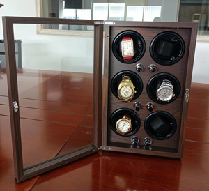 Jam Tangan Otomatis Winder Jam Tangan Putar Kulit Kayu Aman Mewah Kotak Winder 6 Slot dengan LED OPEN-STOP - Product Image 4