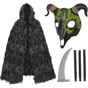 YUIQPKJX Grim Reaper Costume Black Tattered Cape With Hood Gothic Goat Mask Halloween Robe For Adults Unisex - Product Image 1