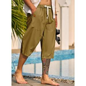 Pantalones Capri bombachos de lino para hombre 2025, pantalones cortos holgados 3/4 con logotipo personalizable, cintura elástica, pantalones informales de Yoga para la playa - Product Image 1