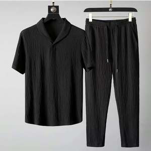 Trajes de 2 Piezas para Hombre, Camiseta de Manga Corta + Pantalones Largos, Color Sólido, Cuello Polo con Solapa, Botones, Cintura Elástica, Pantalones Deportivos - Product Image 6