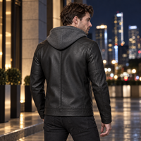 Veste pour homme en cuir avec capuche, cordon de serrage, fermeture éclair métallique, poches latérales, coupe ajustée, style streetwear décontracté, marque privée