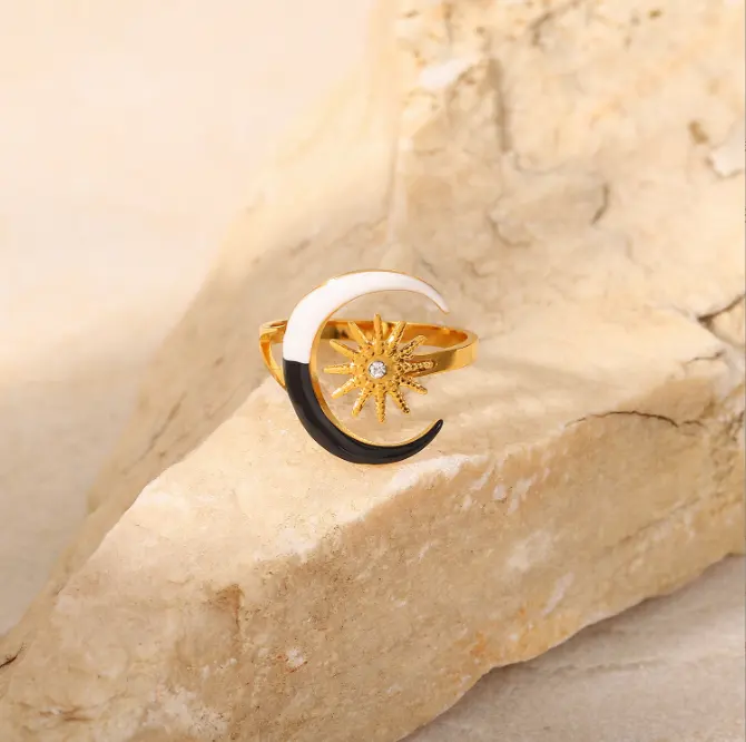 Qifei anel joia preto e branco exagerado, óleo colorblock da lua, estrela, 18k, aço inoxidável, joias finas