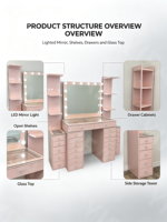 Coiffeuse de luxe rose pour chambre à coucher avec miroir LED Hollywood et plusieurs tiroirs pour cosmétiques