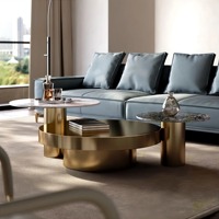 Ensemble table centrale moderne de luxe pour salon mobilier design Tables basses rondes en acier inoxydable noir doré avec dessus en pierre