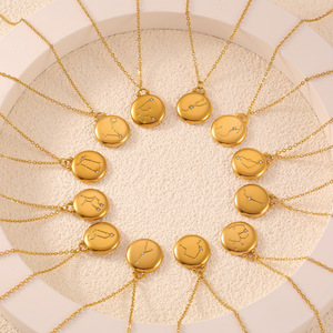 Collier de pièces astrologie plaqué or pendentif rond en relief <span class=keywords><strong>Horoscope</strong></span> collier signe <span class=keywords><strong>du</strong></span> zodiaque en acier inoxydable - Product Image 2