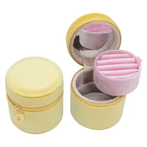 Wholesale Ornament Gift Ring Jewel Boxes With Logo Portable Zip Velvet Round Small Storage Jewelry Box