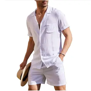 Conjunto de camisa de manga corta de lino para hombre, cárdigan de lino de algodón informal suelto, pantalones cortos, camisas de playa de verano, atuendo