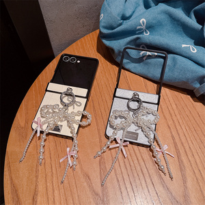 Étui de protection élégant pour téléphone Z Flip 7 6 5 4 3 avec pendentif nœud en strass et motif crocodile en jean, avec support anneau - Product Image 1