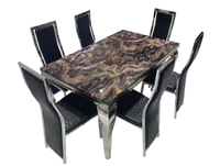 Table à manger rectangulaire moderne en marbre avec ensemble de chaises de salle à manger en acier inoxydable et cuir PU noir pour cuisine, hôtel, salle de banquet