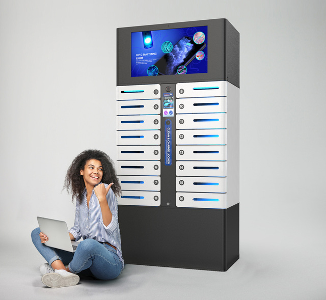 KAI 16 Bay Smart Charging Locker, 27" HD Android Advertising Screen Charging Station for Mobile Phone, Tablet & Laptop
