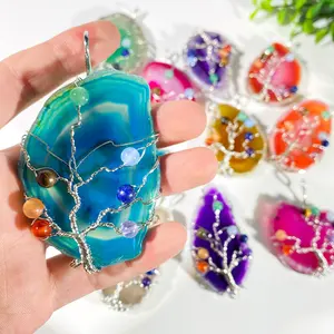 Wholesale Irregular Agate Piece Colorful Winding Life Tree Pendant Necklace for Men and Women's Fashion Sweater Chain Pendant