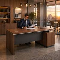 Bureau de direction contemporain en noyer avec meuble de rangement, poste de travail pour manager, idéal pour bureau, salle de conférence, ou bureau à domicile