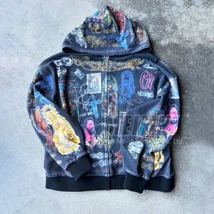 Sudadera con Capucha Personalizada de Alta Calidad, Estilo Urbano, con Cierre, Impresión DTG, Logotipo Vintage, Color Negro, Fabricante de Sudaderas Waffle - Product Image 3