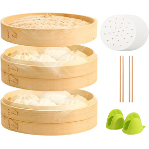 Bambus Pot Reusable <strong>Momo</strong> Kitchen 2 Tiers Package Tasty Bao Buns Commercial Dumpling Bamboo <strong>Steamer</strong> <strong>Set</strong> With Cotton Liners - Product Image 3