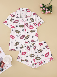 <span class=keywords><strong>Pyjama</strong></span> Femme Nouveauté Saint-Valentin Personnalisé à Vente Chaude, Ensemble Maison Imprimé Rose et Nœud, Col Revers - Product Image 6