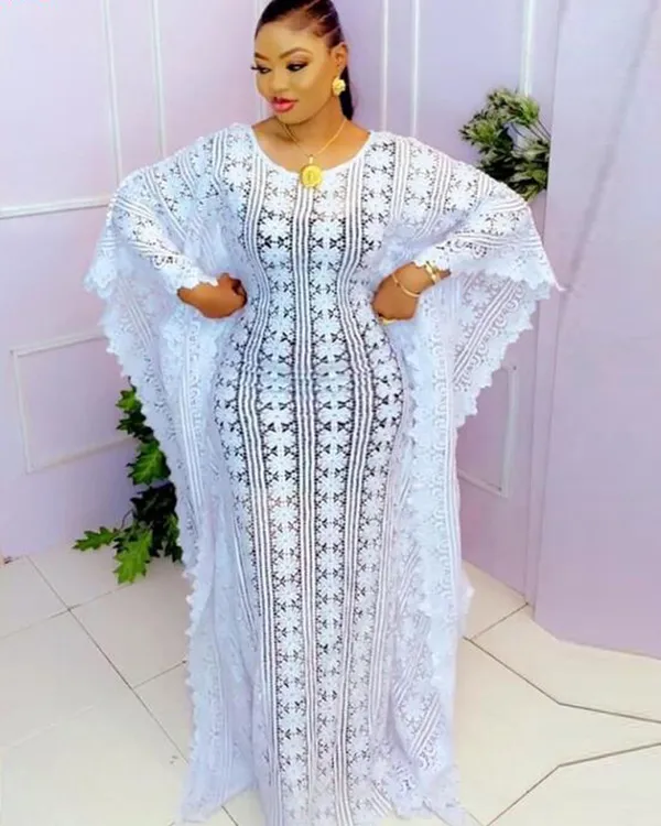 New Design 5XL XXXXL XXXL XXL Fashion Round Neck Pullover White Robe Plus Size Solid Color Embroidery Casual Loose Maxi Dress