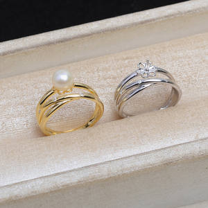 Bague ouverte en argent S925 réglable pour doigts 8-10 avec incrustation de perles plaquées or tendance, accessoires de mode JG5310, support vide - Product Image 5