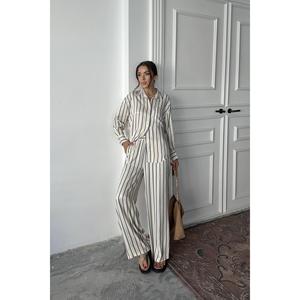 Ensemble de vêtements de nuit en satin rayé bleu pour femmes, manches longues, décontracté, deux pièces, tissu lisse, pyjama - Product Image 4
