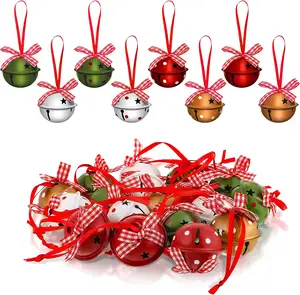 Lonceng Natal 24-Piece, Lonceng Kecil dengan Bintang Berlubang-keluar Busur Dot Berwarna Kerajinan Bel Hiasan Pohon Natal