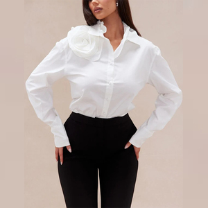Blusa Elegante Blanca con Cuello y Apliques de Rosas 3D, Manga Larga, Corte Holgado, Camisa Casual de Oficina <span class=keywords><strong>para</strong></span> <span class=keywords><strong>Mujer</strong></span>, Personalizable - Product Image 2