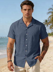 Camisa de Lino Distintiva para Hombre, Manga Corta de Verano, Cuello Clásico, Color Sólido, Diseño Elegante, Ropa Casual - Product Image 4