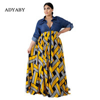 Robe longue décontractée pour femme grande taille, col en V, imprimé géométrique, coupe trapèze, taille naturelle, vente en gros OEM ODM